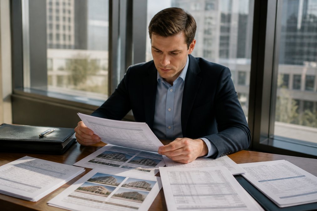 Real estate professional in business attire reviewing property valuation reports and financial projections on a computer screen in a modern office, with printed spreadsheets and property analysis documents on the desk, professional lighting