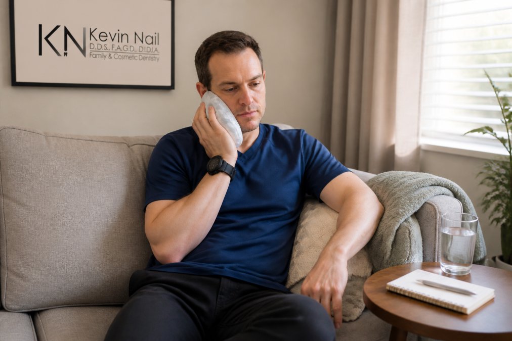 A calm adult patient resting on a sofa at home with a wrapped cold compress held gently against their cheek, a glass of water and a small notepad on the side table, soft daylight from a window
