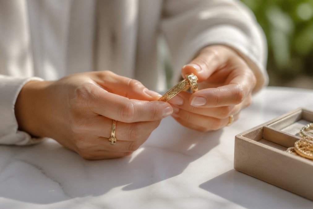 Close-up of hands examining personalized jewelry with elegant engraving on high-quality metal surface in natural sunlight, showing fine craftsmanship details