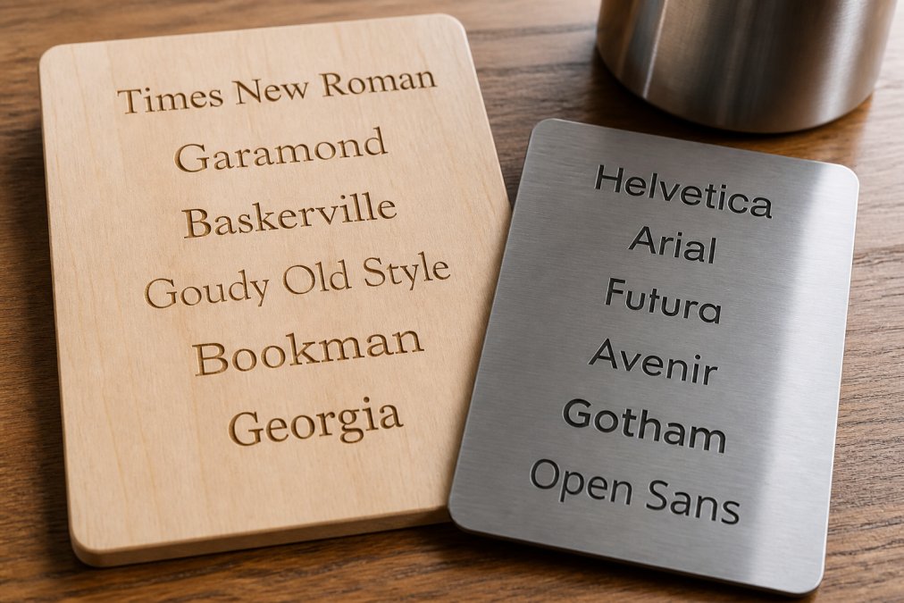 Elegant serif and sans-serif font samples engraved on polished metal and wood surfaces showing contrast in sophistication and readability