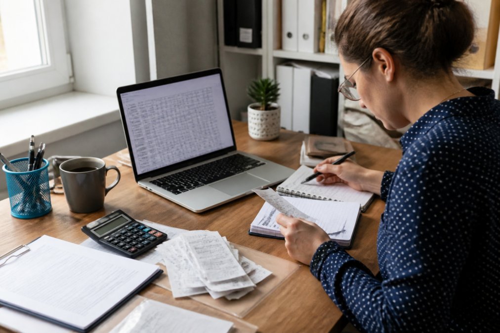 A small business owner organizing receipts and financial documents at a clean desk, with a laptop showing a spreadsheet and a cup of coffee nearby, natural daylight from a window