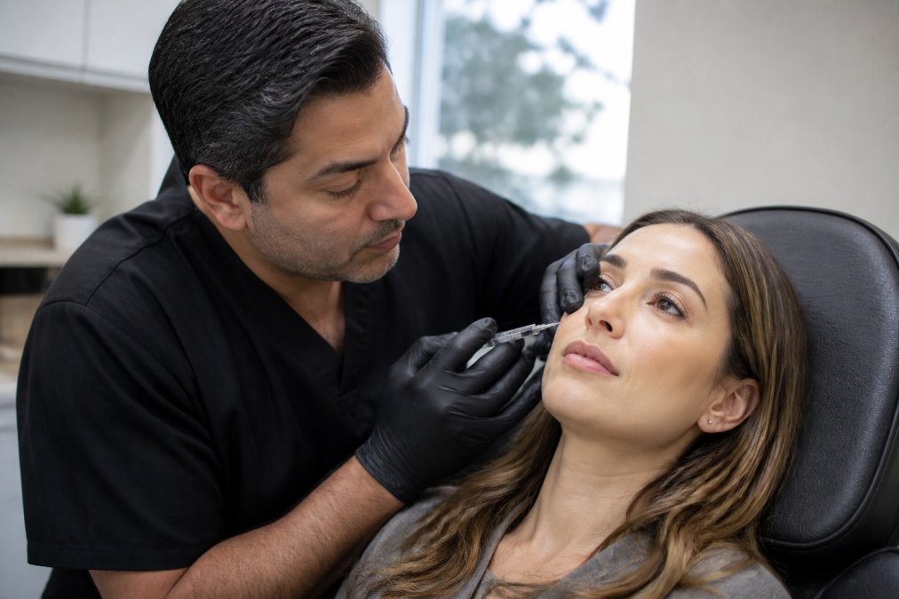 Physician performing dermal filler injection with precision, using fine-gauge needle in clinical aesthetic setting with proper lighting and sterile technique