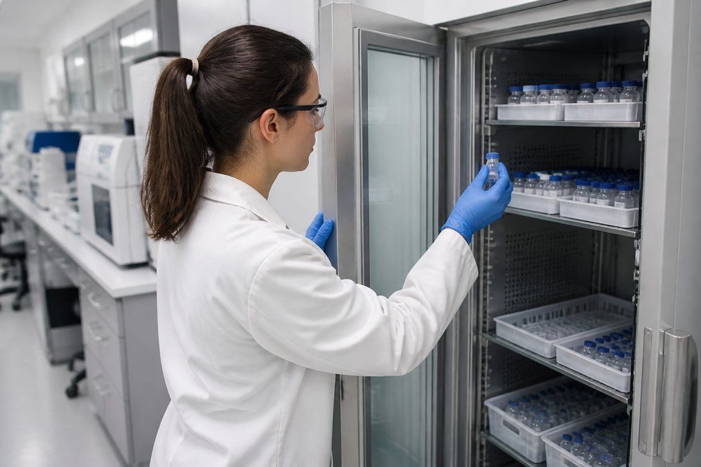 Researcher in laboratory coat handling a temperature-controlled storage unit with peptide vials, checking a digital thermometer display in a modern research facility with white lighting