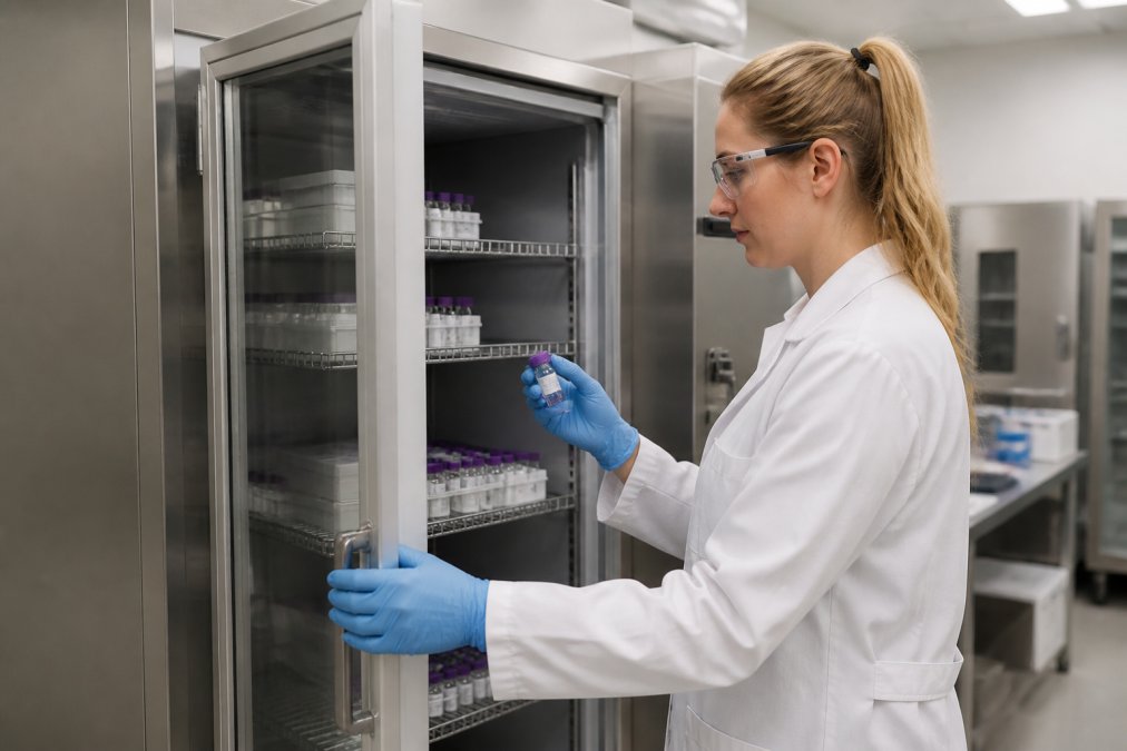 Professional illustration showing Researcher for avoiding underdosed peptides in clinical trials