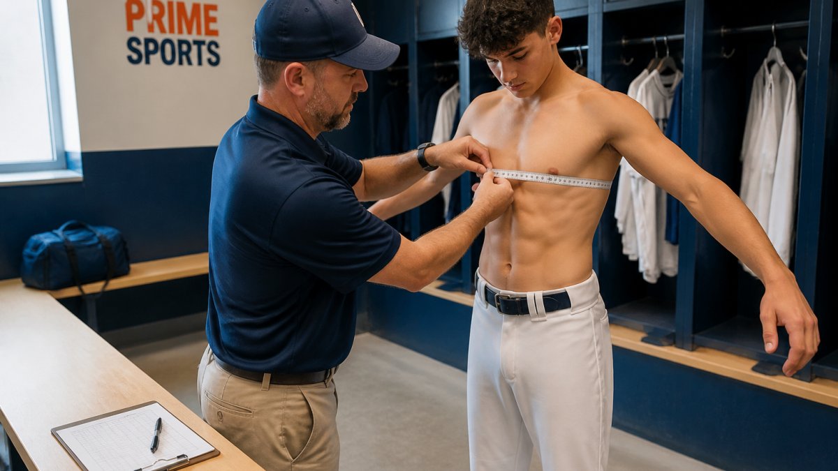 A coach using a soft measuring tape to measure a high school athlete's chest in a well-lit locker room, with a clipboard and size sheet visible on a nearby bench