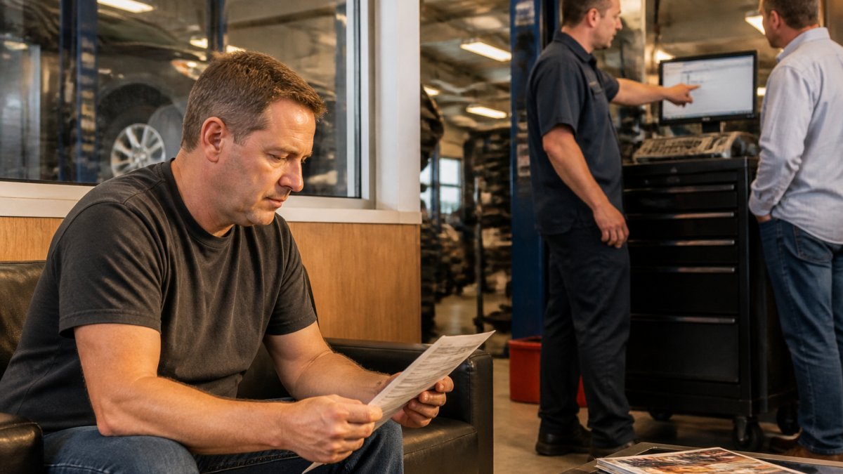 A driver sitting in a waiting area reviewing a printed repair estimate while an ASE-certified technician points at a diagnostic screen in the background, soft overhead lighting