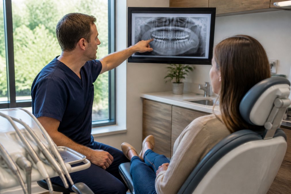 Dentist showing patient X-ray images on digital screen while explaining treatment options, patient seated comfortably in chair, calm professional setting with natural light