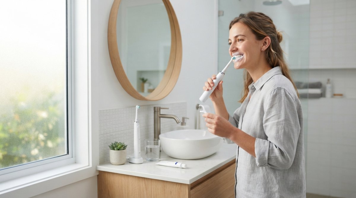 Person at bathroom sink performing morning oral hygiene routine with electric toothbrush and floss dispenser, bright natural morning light streaming through window, modern minimalist bathroom