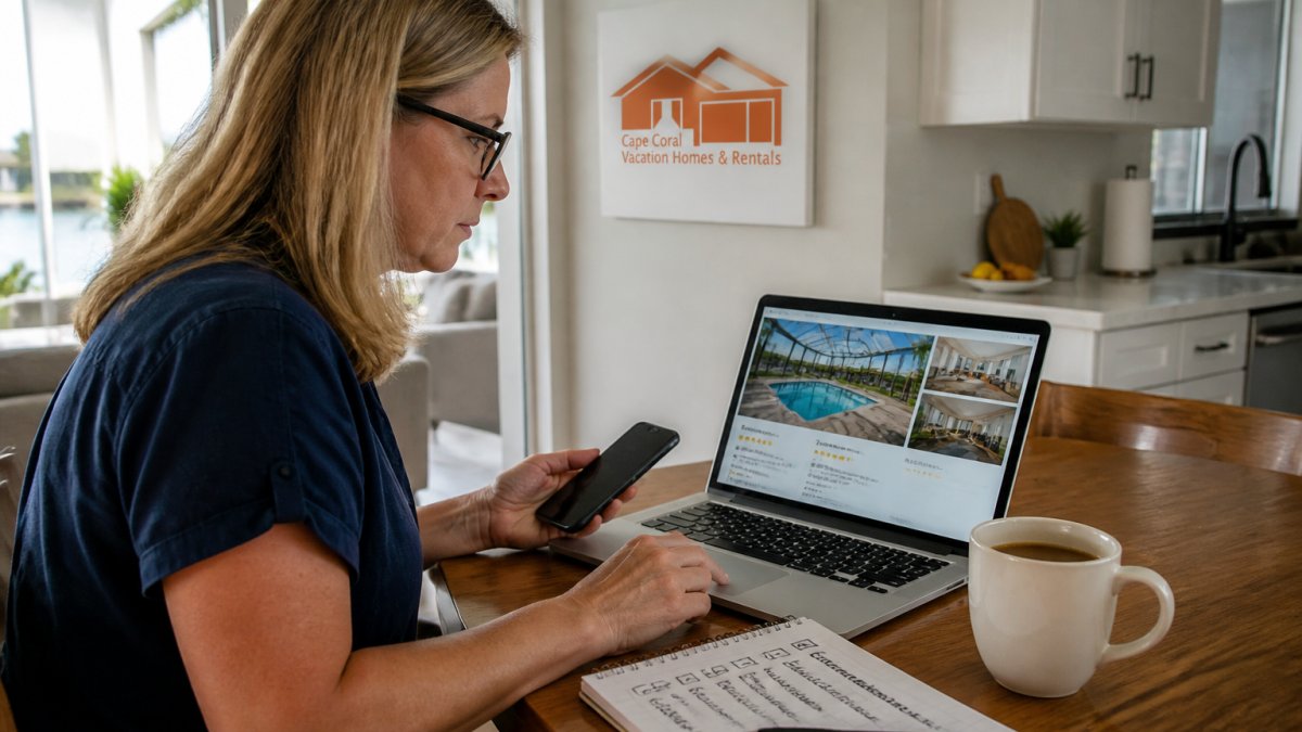 A person sitting at a kitchen table with a laptop, smartphone, and notepad, carefully comparing vacation rental listing photos and reviews on screen, with a cup of coffee nearby