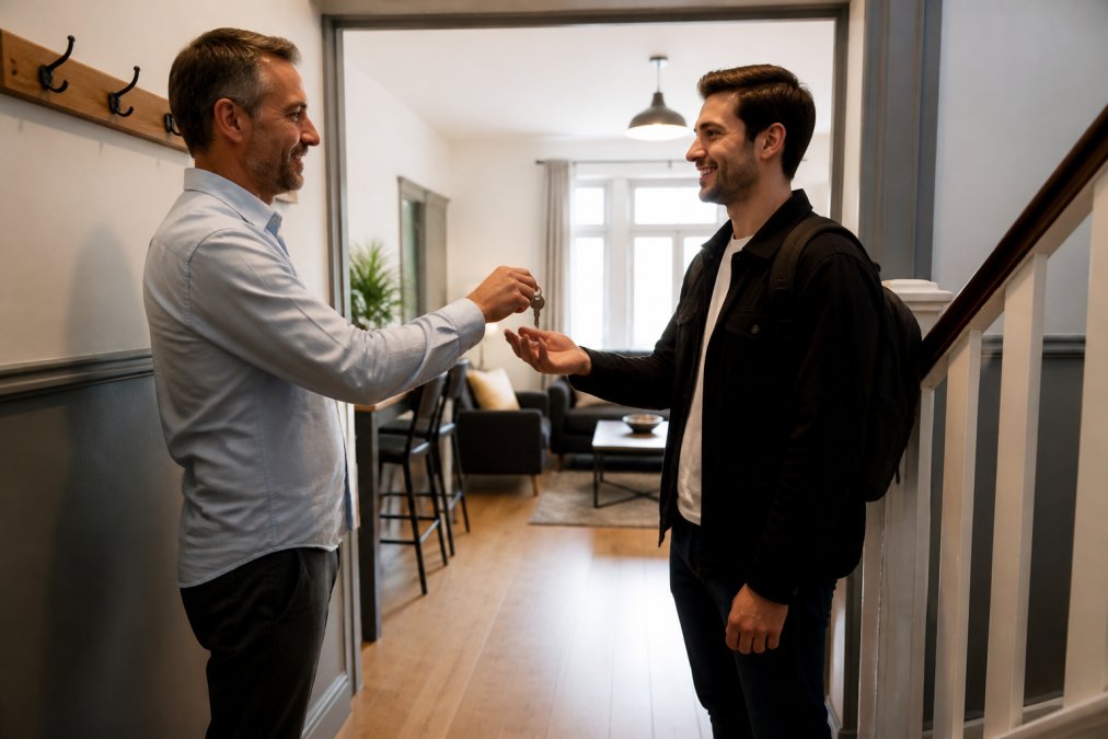 A landlord or property manager handing keys to a young professional tenant in the hallway of a well-maintained shared house, both smiling, with a tidy communal living area visible in the background