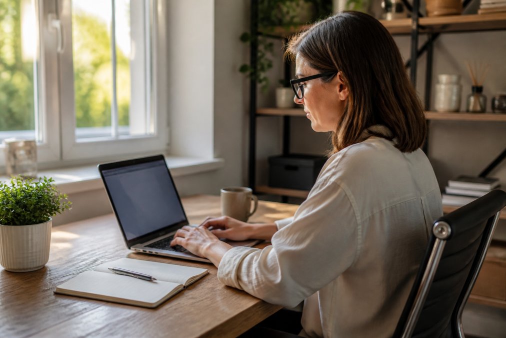 A small business owner at a tidy desk with a laptop showing a website dashboard, a notebook and pen nearby, natural light from a window, calm and organised atmosphere