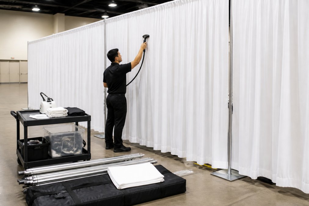 A professional event coordinator using a handheld steamer on a tall white drape in a large venue, with pipe and drape hardware visible