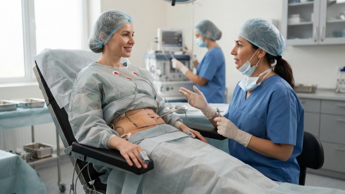 Patient in surgical attire sitting upright on operating table, alert and communicating with surgeon in scrubs during procedure, showing the awake patient experience with natural clinical lighting