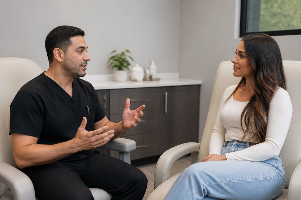 Professional surgeon in modern clinical setting discussing procedure options with calm, attentive patient in consultation room, showing trust-building medical environment with natural lighting