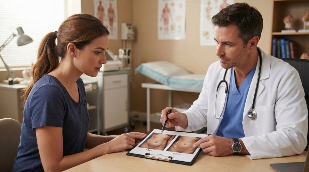 Patient in a surgical consultation room with a surgeon reviewing body contouring results and discussing aesthetic outcomes on a tablet display