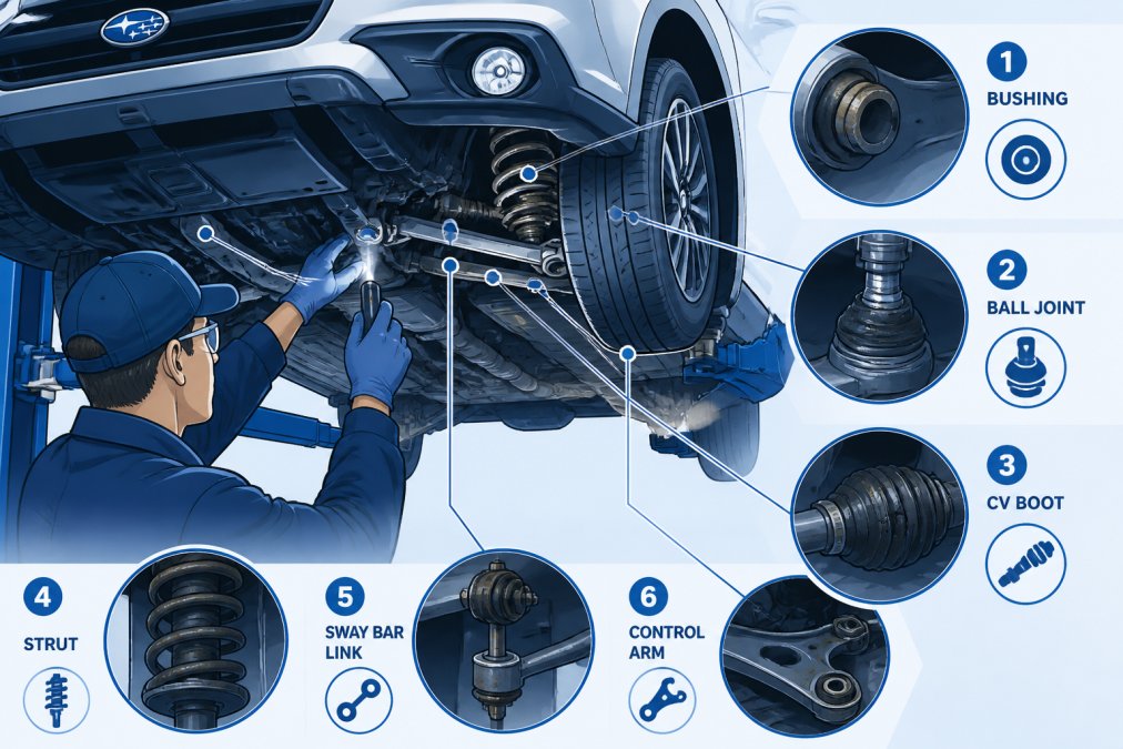 Close-up of a technician's hands inspecting the undercarriage of a Japanese AWD vehicle on a lift, showing suspension components and wear points with shop lighting