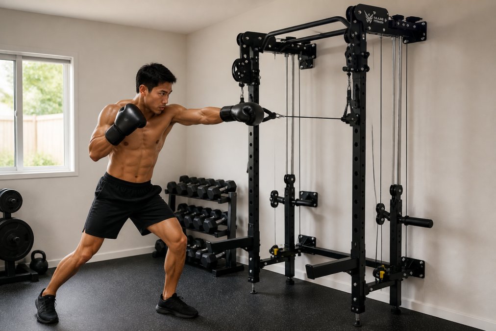 Martial artist performing cable-based punch resistance exercise on a wall-mounted power rack in a dedicated home training space with natural light, demonstrating proper form and equipment positioning