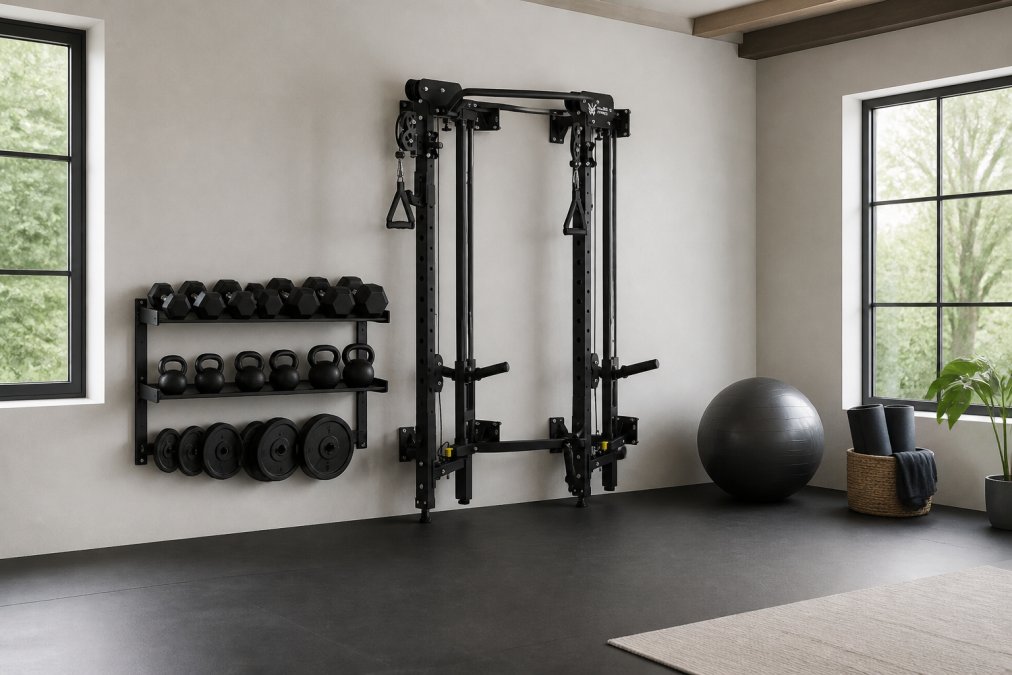 Compact home training space featuring a wall-mounted folding power rack in expanded position, organized free weights on wall-mounted storage, clear floor space for footwork and functional movement, natural light from windows, and minimalist aesthetic