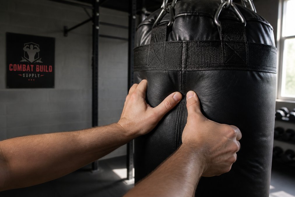 Hands testing the reinforced seams of a heavy punching bag from top combat supply brands in a home gym.