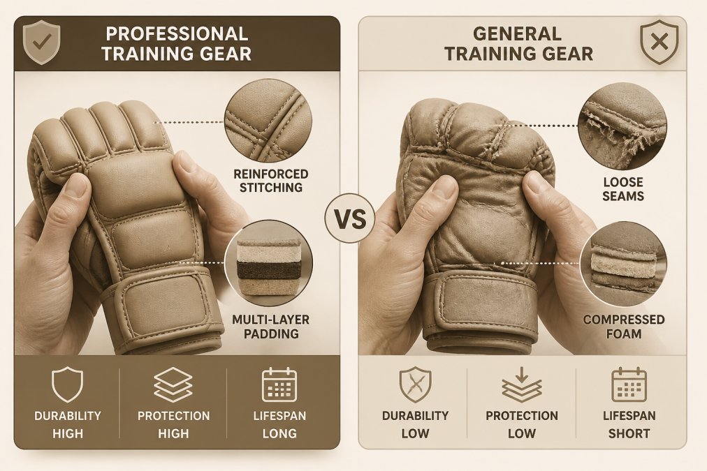 Close-up of hands comparing two different training gloves side by side, one showing reinforced stitching and dense multi-layer padding, the other displaying loose seams and compressed foam under harsh workshop lighting