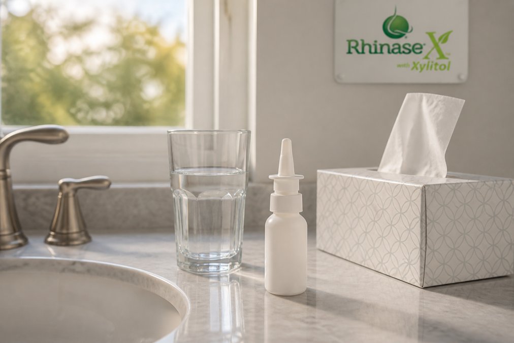 Ayr saline gel bottle on a bathroom counter next to a glass of water and tissues in soft morning sunlight.