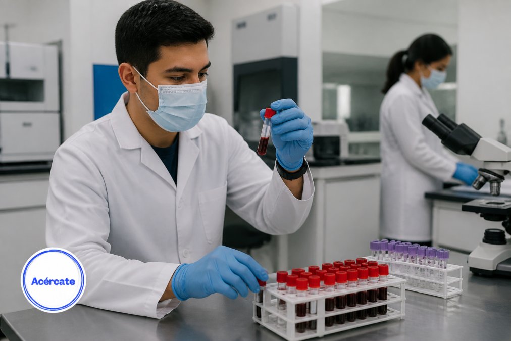 Técnico de laboratorio procesando muestras biológicas en ambiente clínico profesional, manipulando tubos de ensayo con equipo de análisis de fondo bajo iluminación de laboratorio