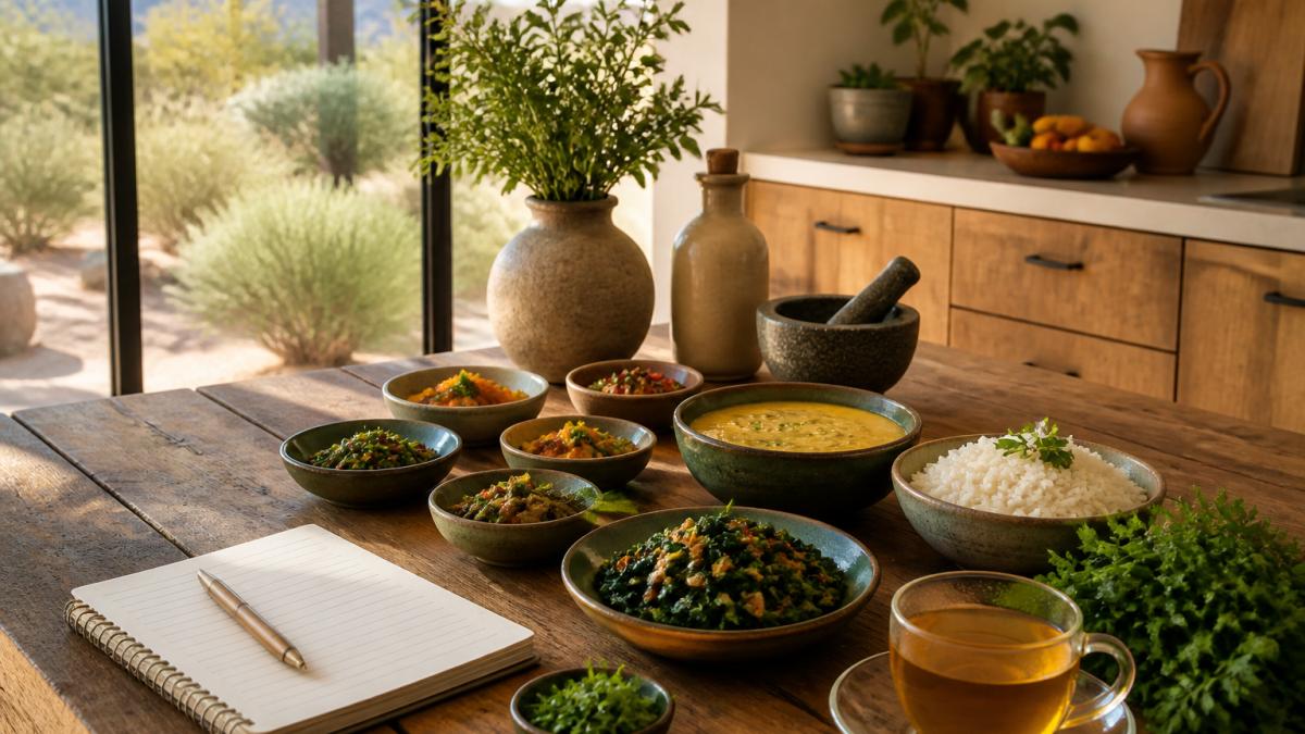 A wooden table in a sunlit desert villa kitchen set with small bowls of colorful Ayurvedic dishes, warm lentil soup, steamed greens, basmati rice, fresh herbs, and a cup of golden tea, with a notebook and pen beside the plates