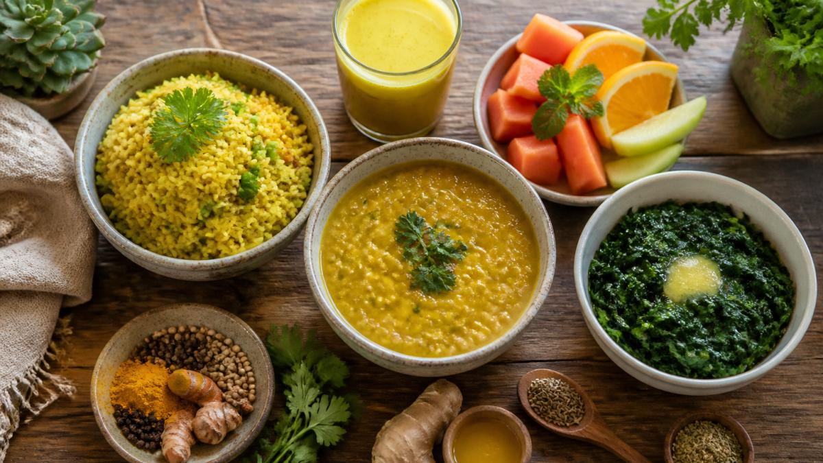 Overhead shot of a colorful Ayurvedic meal spread on a rustic wooden table: golden turmeric rice, lentil dal in a ceramic bowl, steamed greens with ghee, sliced fresh fruit, and a small glass of golden milk, with fresh herbs and spices scattered nearby