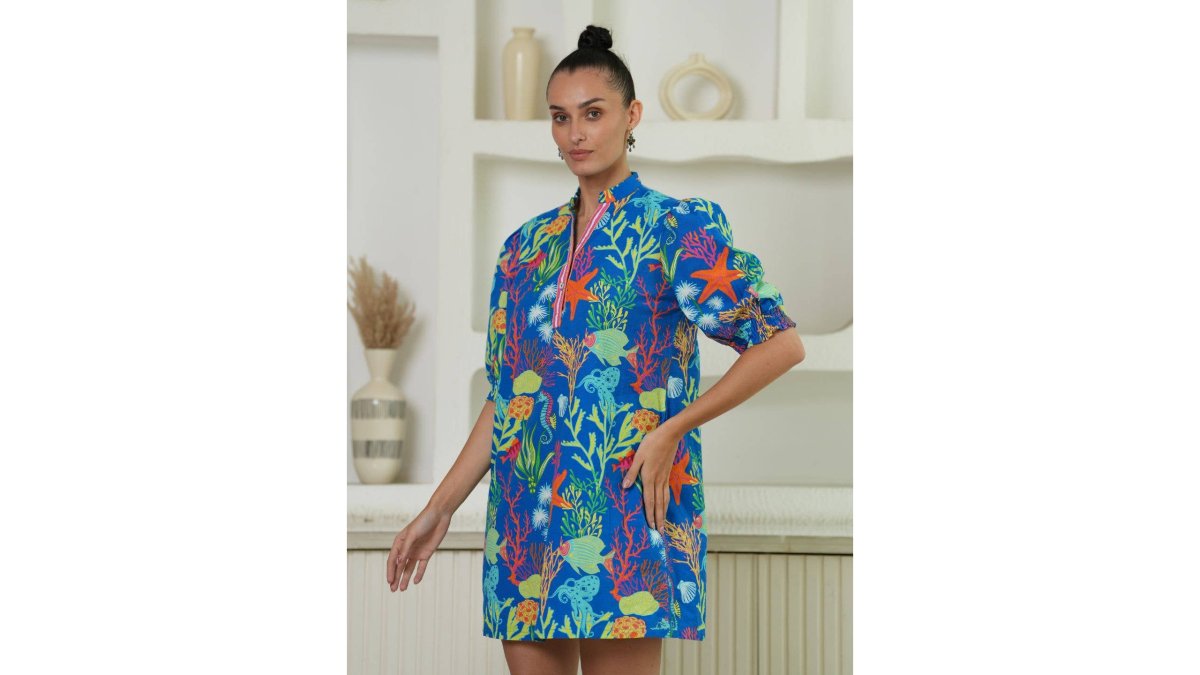 Azure Blue Coral Reef Printed Mini Dress