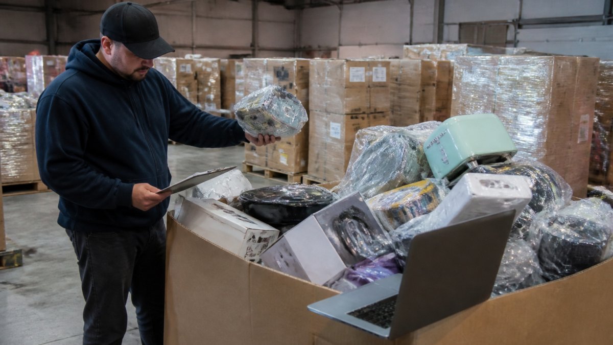 A reseller in a warehouse opening a liquidation pallet, sorting through electronics and household goods with a clipboard and laptop nearby showing inventory spreadsheets