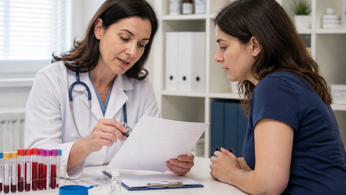 A healthcare professional in a bright clinic reviewing a blood test result printout with a patient, both looking at the document on a desk