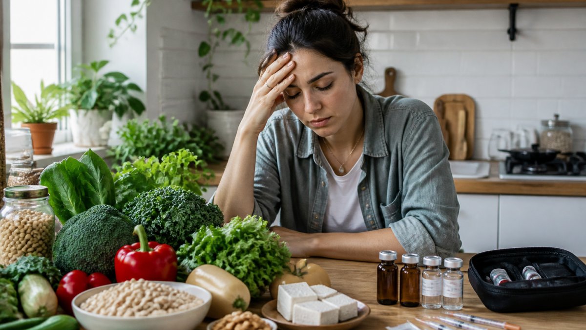 Vegan person in a bright kitchen surrounded by fresh vegetables and plant-based foods, looking fatigued with hand to forehead, natural window lighting showing concern on their face