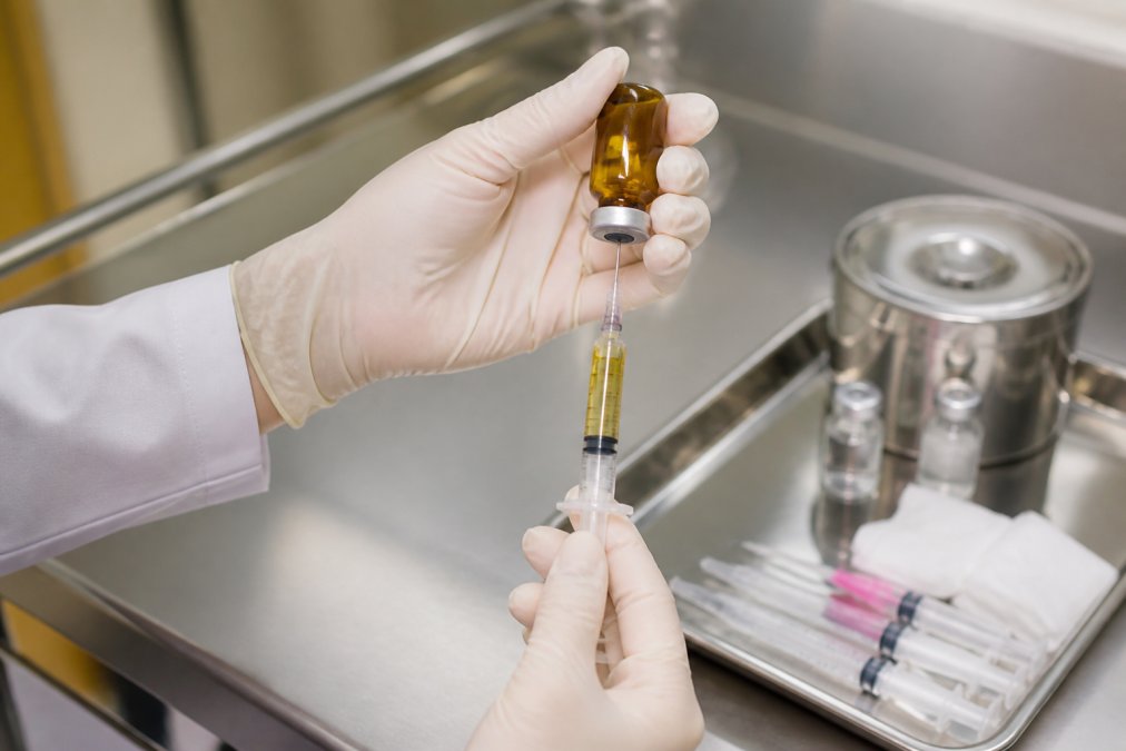 Close-up of a healthcare professional's gloved hands drawing vitamin B12 solution from a small amber vial into a syringe on a clean stainless steel clinical surface under bright overhead lighting