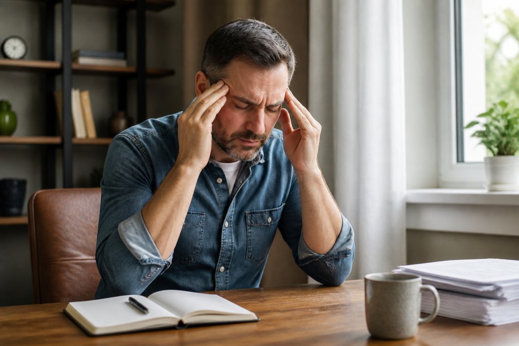 A tired adult in their mid-40s sitting at a wooden desk in a home office, pressing both hands to their temples, eyes closed, with soft natural light coming through a window beside them