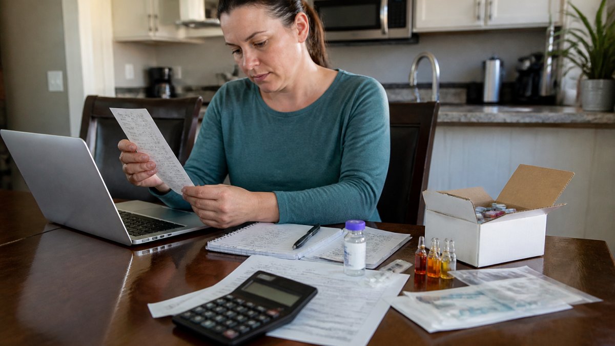A person sitting at a kitchen table reviewing a printed receipt and a small vial of vitamin B12 injection beside a laptop showing a pharmacy website
