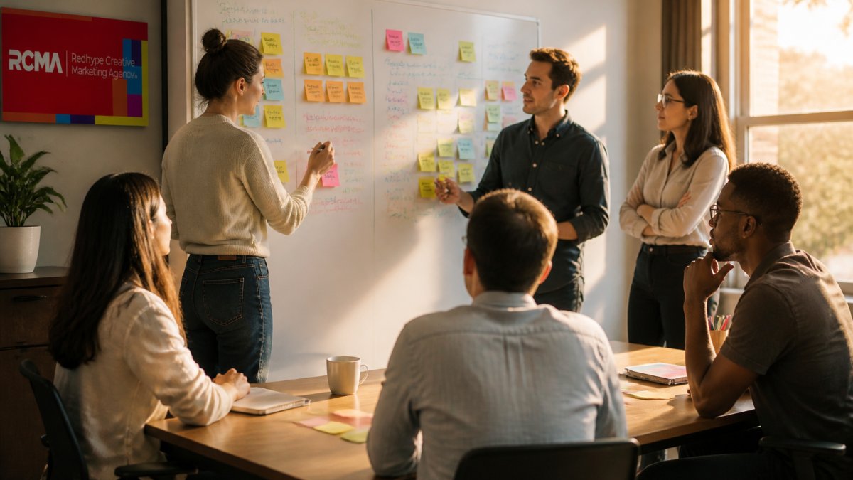 Diverse team collaborating on a B2B business strategy using whiteboard notes in a sunlit modern office.