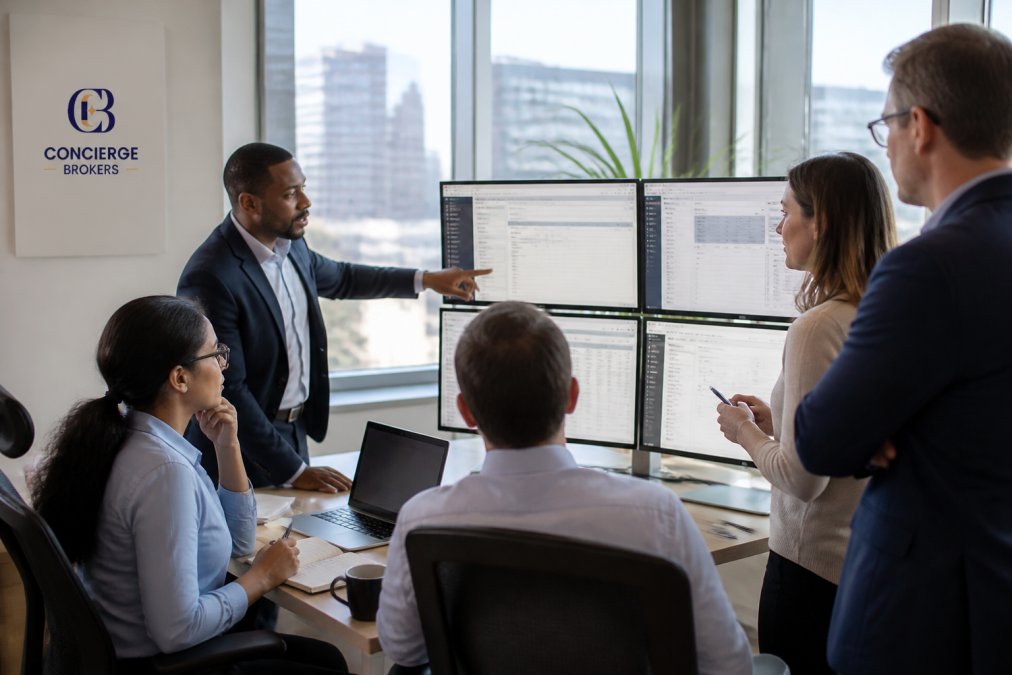 A diverse team of business professionals in a modern office reviewing analytics dashboards on multiple monitors, collaborating on conversion strategy with natural daylight