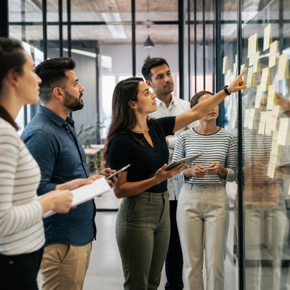 A sales and marketing team gathered around a glass wall covered in sticky notes and pipeline diagrams, one person pointing at a stage in the flow while others take notes on tablets