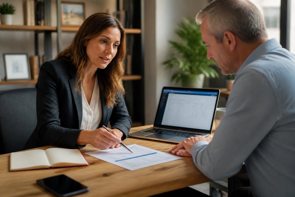 A business consultant and a small business owner reviewing a sales strategy document together at a desk, with a laptop showing a CRM dashboard open in the background, warm office lighting