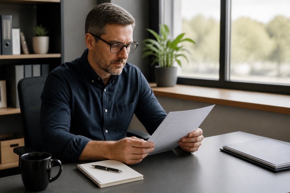 A professional reviewing a printed lead qualification checklist at a clean office desk, with a coffee cup and notebook nearby, natural window light
