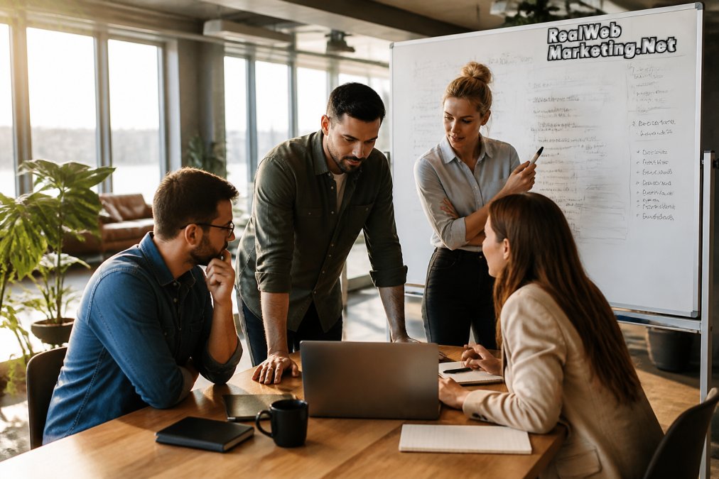 A small marketing team gathered around a laptop and whiteboard covered in strategy notes, actively discussing lead generation tactics in a bright, modern open-plan office with large windows and afternoon light
