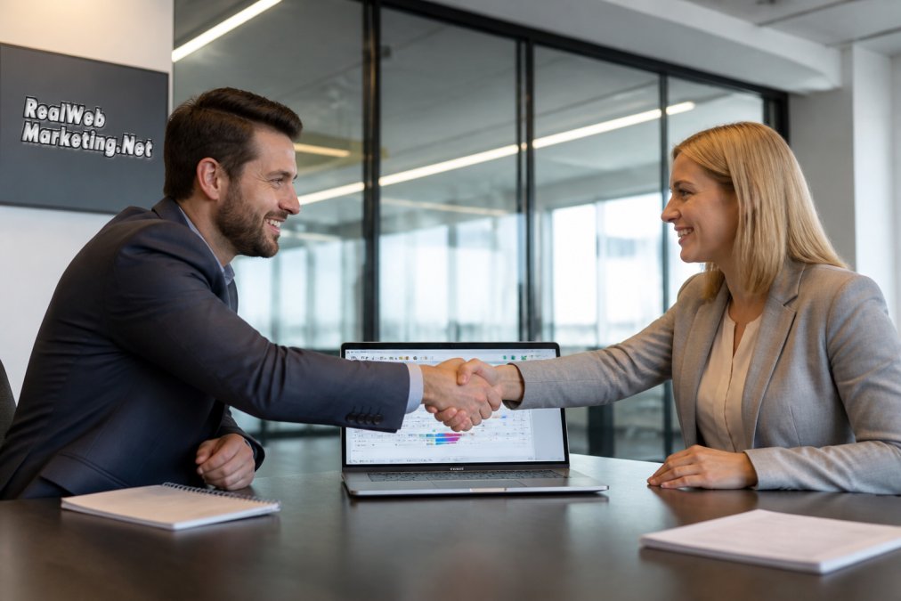 A sales professional and a marketing manager shaking hands across a conference table, with a laptop showing a CRM pipeline dashboard open between them, in a well-lit modern conference room with glass walls