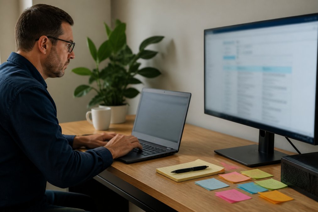 A sales operations manager reviewing a lead scoring dashboard on a laptop in a small modern office, with a CRM pipeline visible on a second monitor and sticky notes on the desk