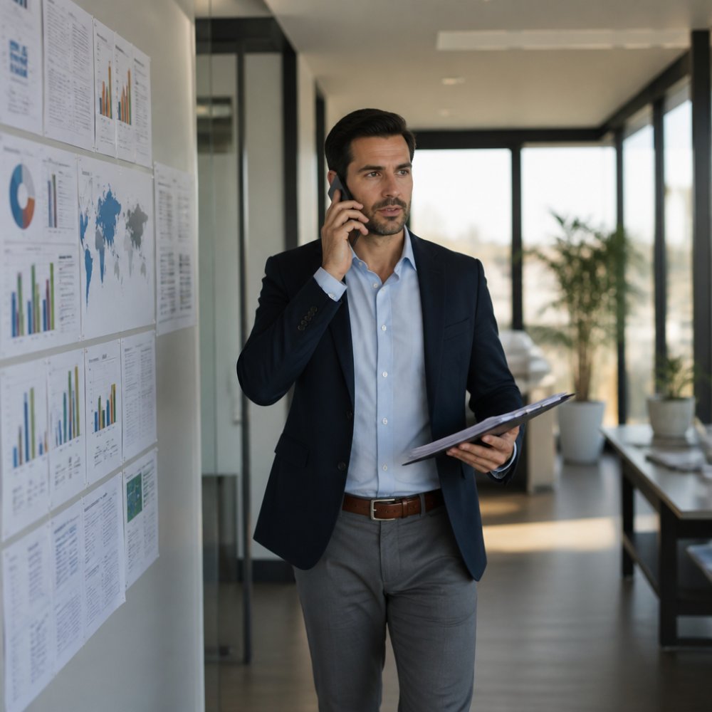 B2B sales professional reviewing target account data and market research documents on multiple monitors in a modern office, with notebooks and competitive analysis spreadsheets visible on the desk