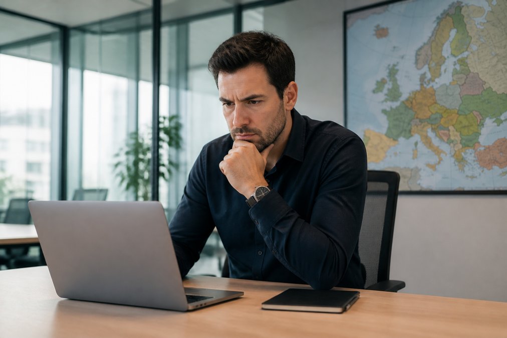 Sales leader reviewing a b2b market entry strategy on a laptop in a modern office with a map of Europe on the wall.