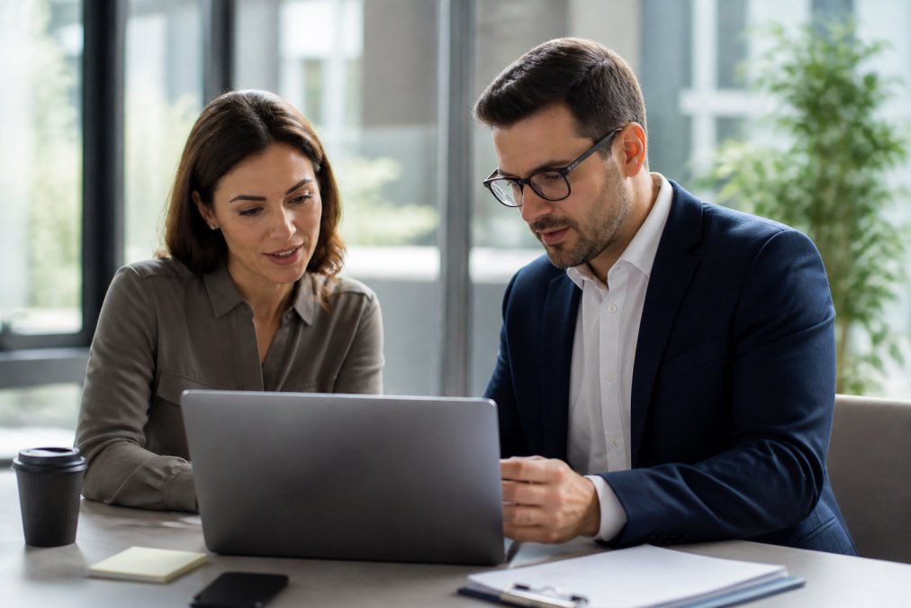 A business consultant and a client reviewing a strategic roadmap on a laptop in a modern, bright office setting with natural light