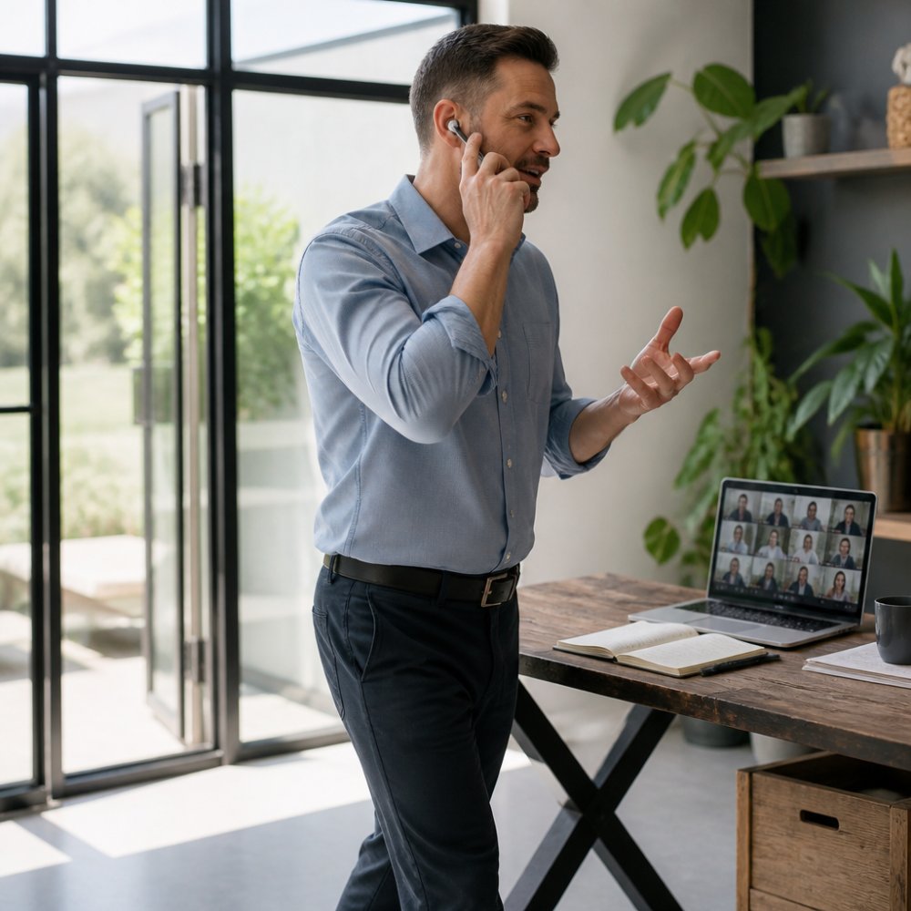 Professional B2B sales team collaborating remotely via video conference, with team members visible on laptop screen, sales dashboards on monitors, and performance reports on desk with natural office lighting