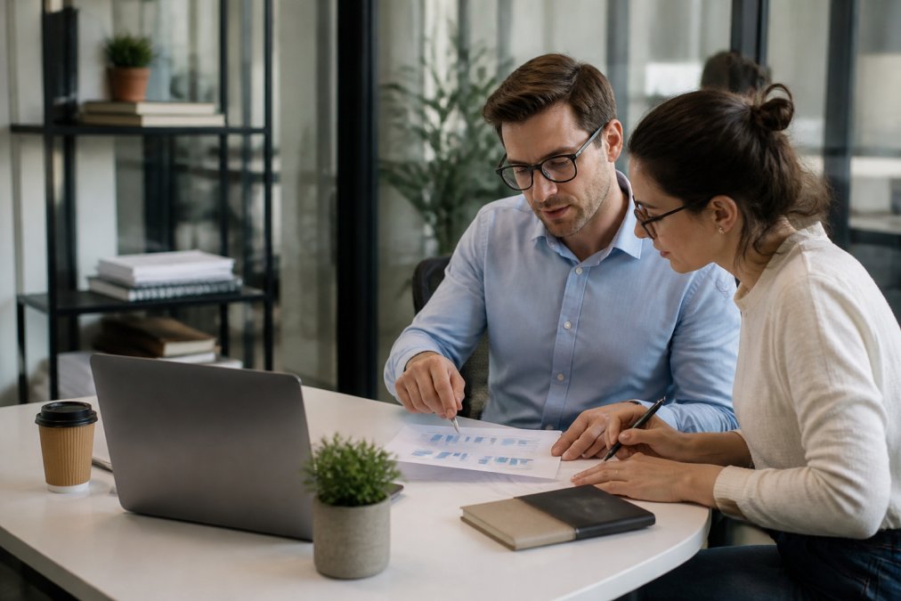 Sales manager and colleague reviewing sales development metrics on a monitor in a modern office