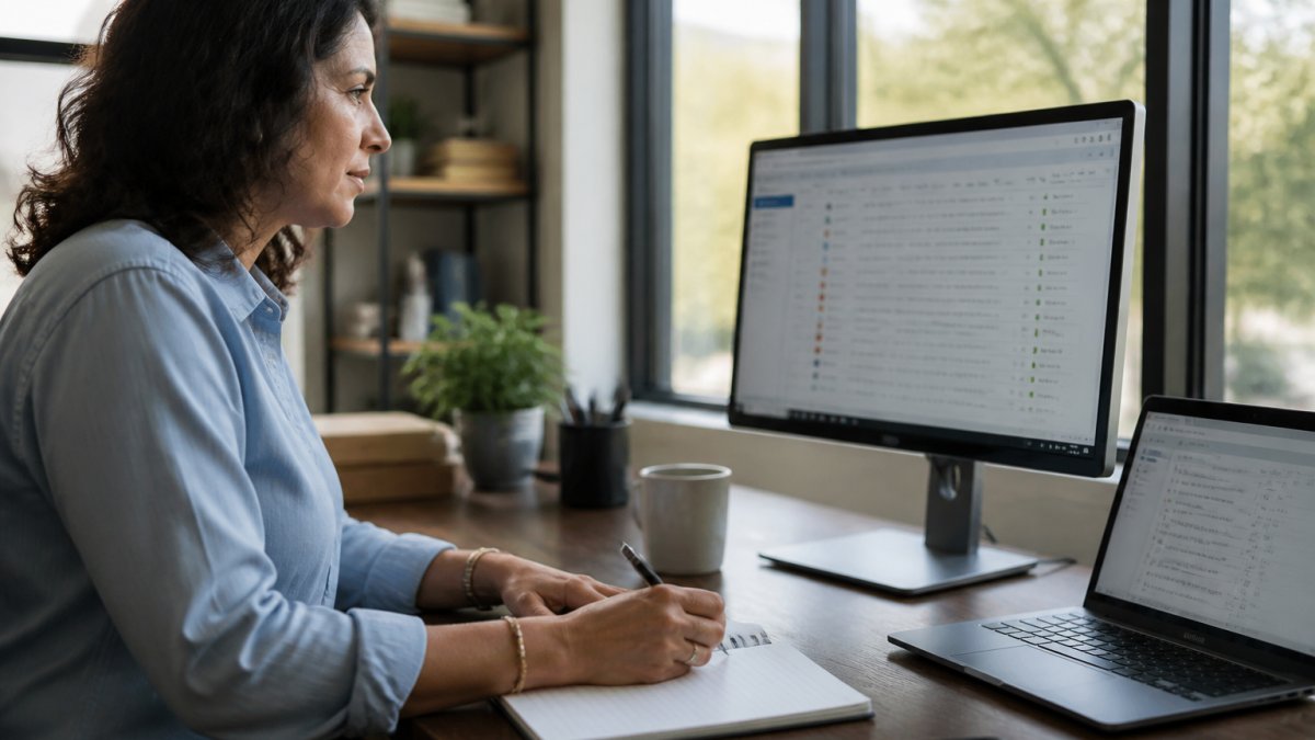 Sales professional using a CRM dashboard to refine a B2B sales follow-up strategy at a modern office desk