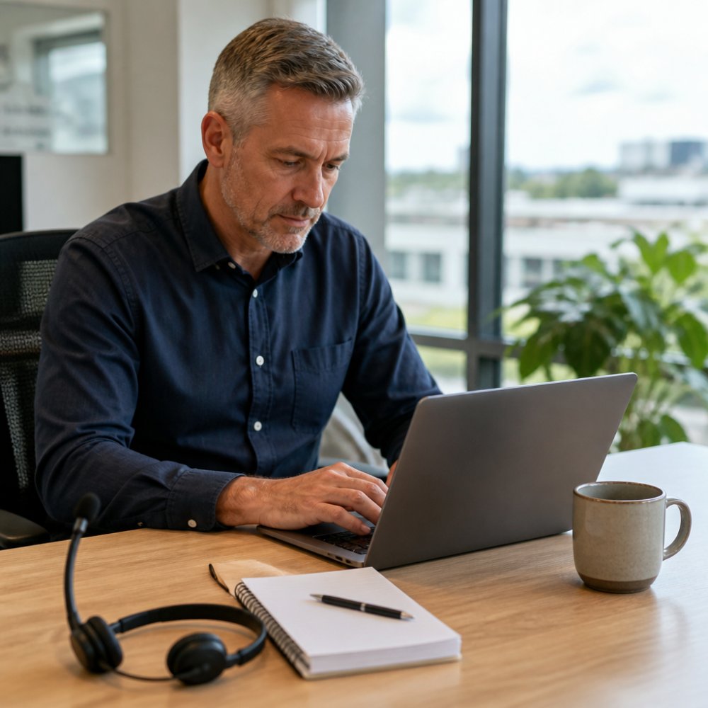 A sales manager in a bright modern office reviewing provider comparison notes on a laptop, telephone headset and notepad on the desk beside a coffee cup